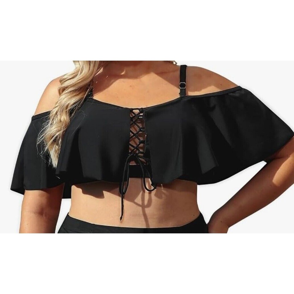 Daci Womens Plus Size XL Black Ruffle Off the Shoulder Lace Up‎ Bikini Swim Top